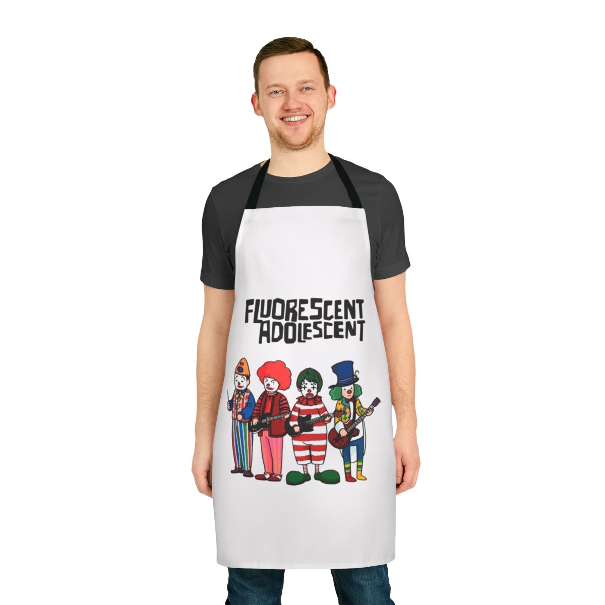 An apron featuring the Arctic Monkeys indie band logo and a quirky, humorous design for music fans.