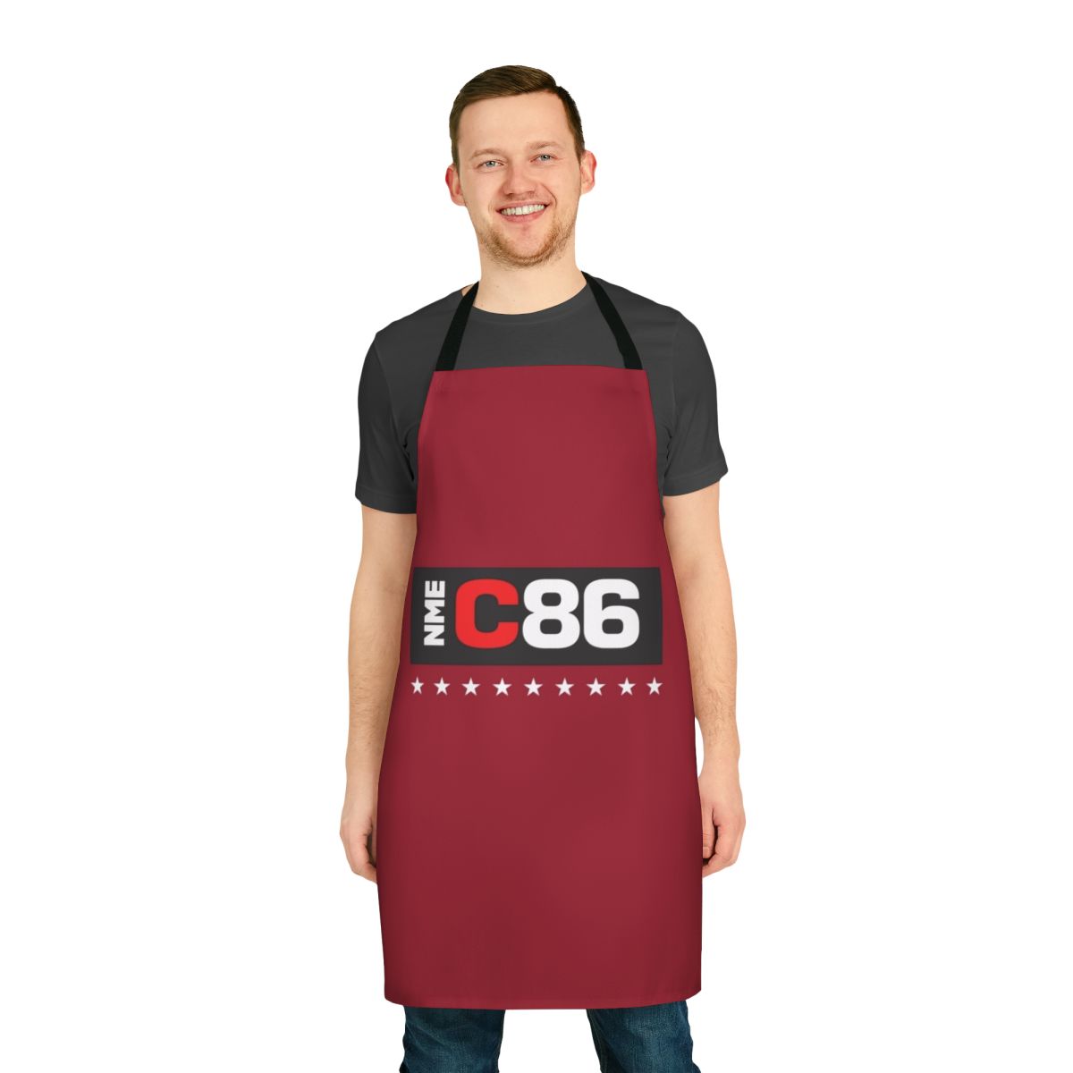 Apron design featuring vintage 1980s British indie music culture references