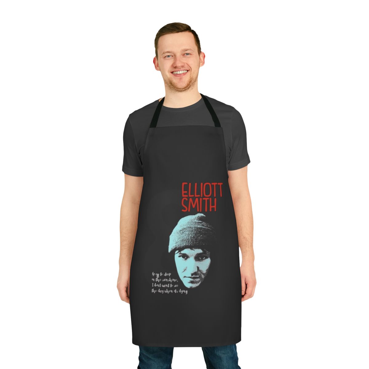 Apron featuring artistic typography and imagery inspired by the music of indie singer-songwriter Elliott Smith