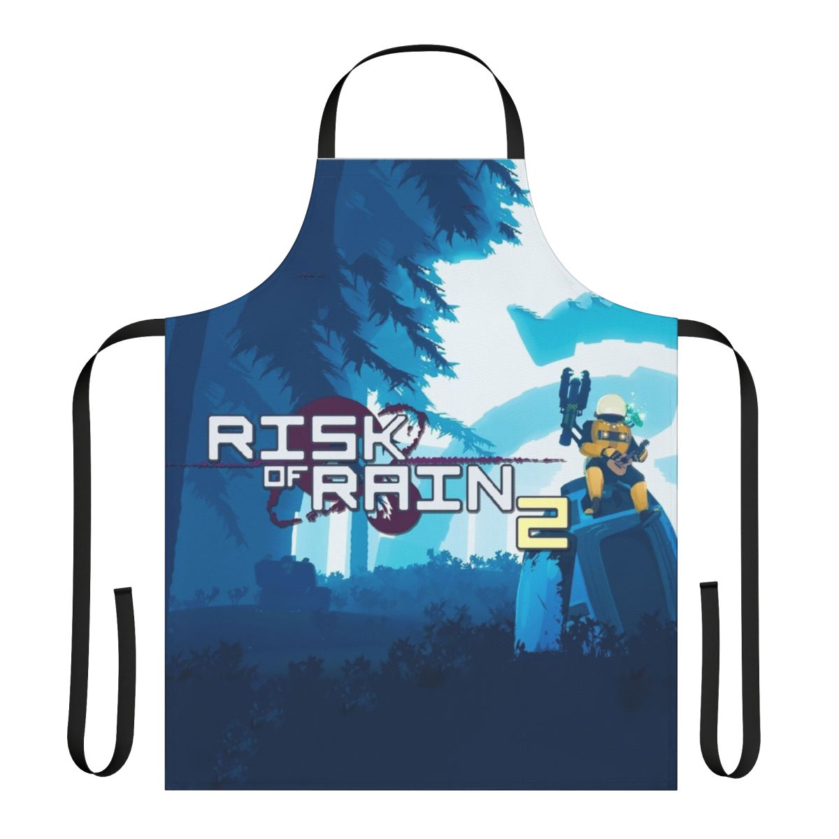 A high-quality apron featuring a risk-themed design, inspired by the popular indie game Risk of Rain.