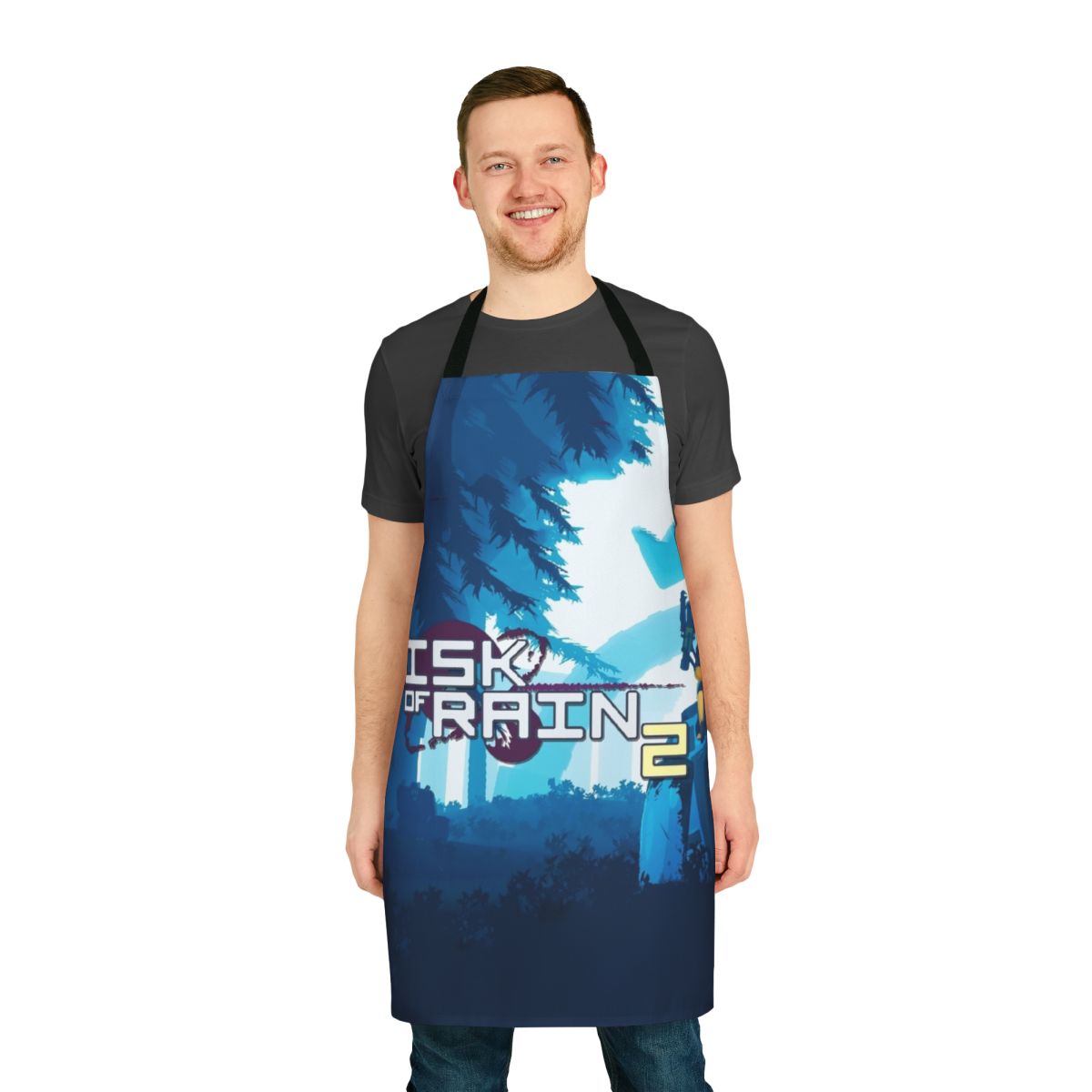 A high-quality apron featuring a risk-themed design, inspired by the popular indie game Risk of Rain.