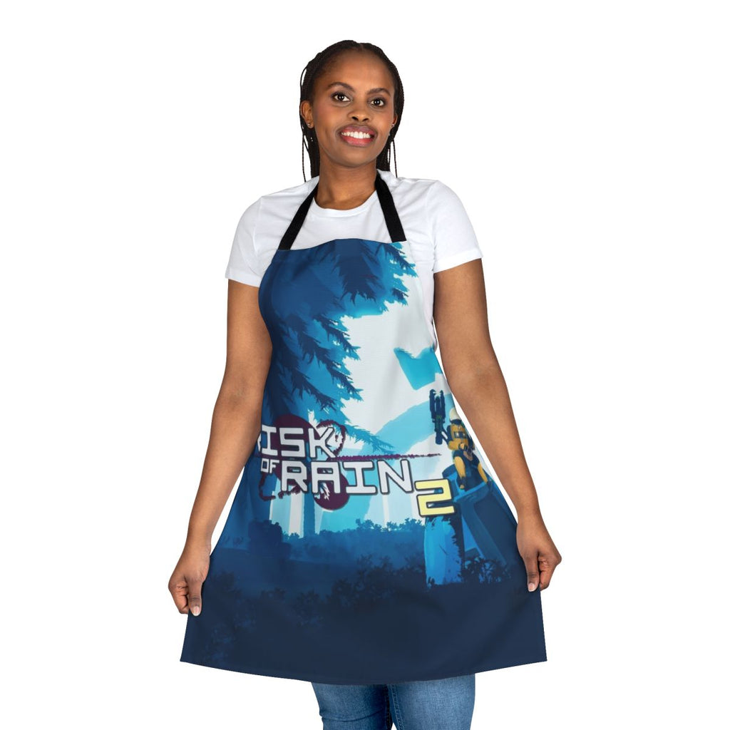 A high-quality apron featuring a risk-themed design, inspired by the popular indie game Risk of Rain.