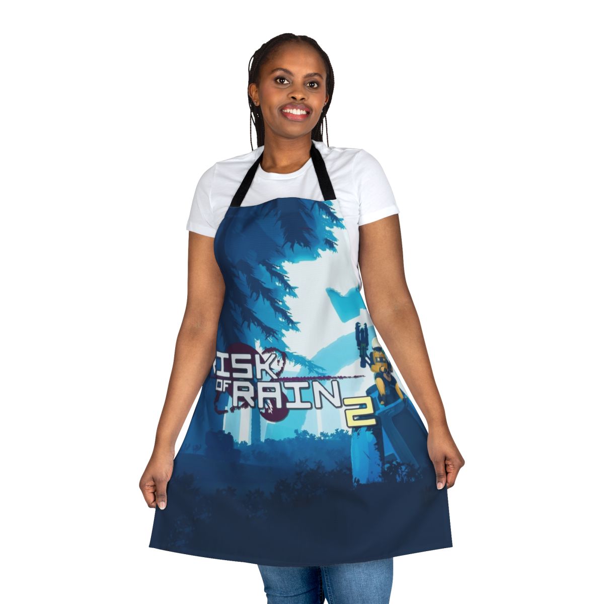 A high-quality apron featuring a risk-themed design, inspired by the popular indie game Risk of Rain.