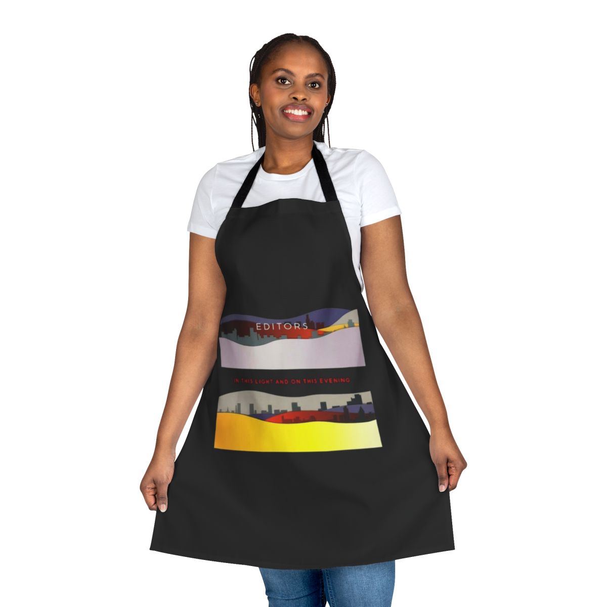 Indie rock band logo printed on an apron