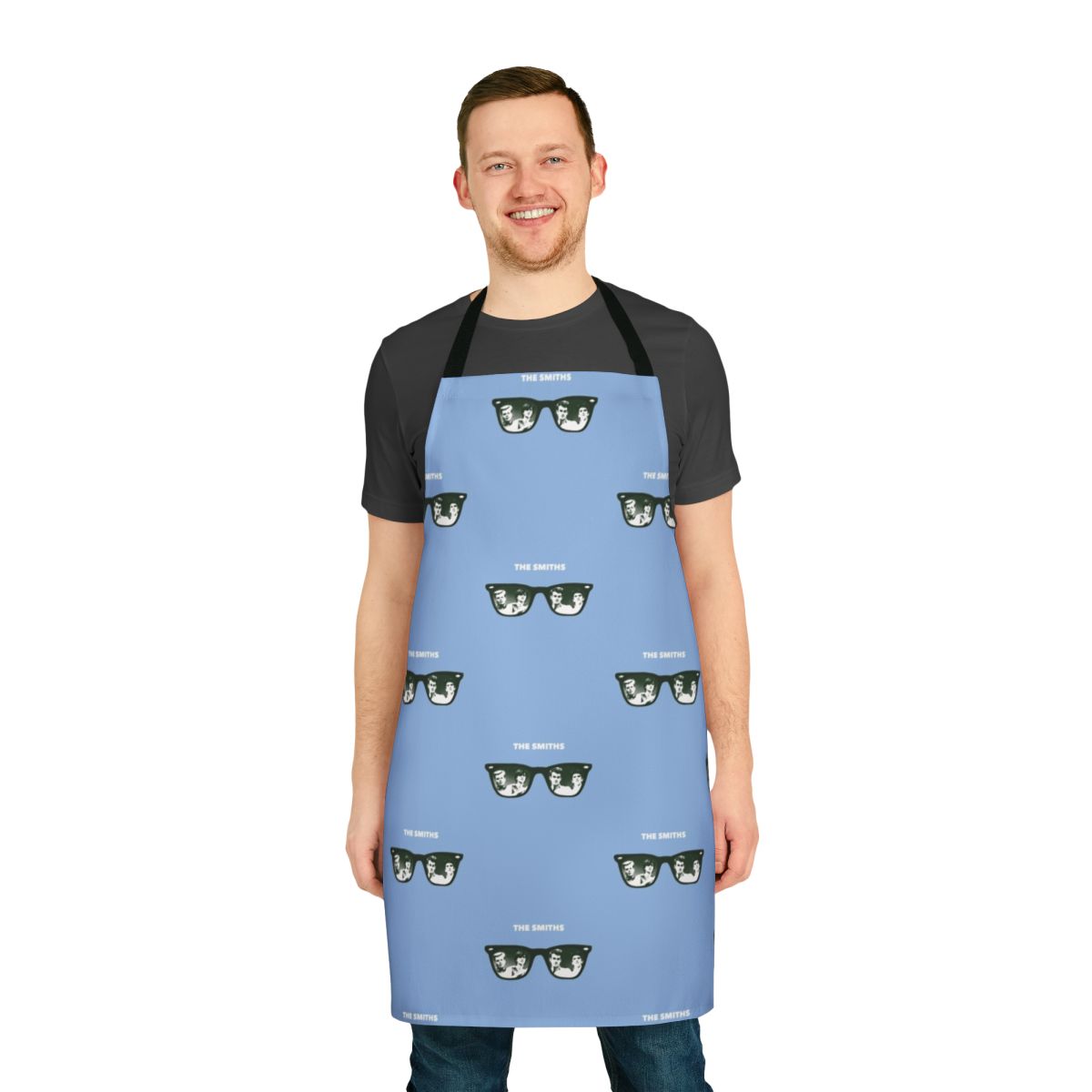 Indie rock-inspired apron featuring The Smiths-style graphics