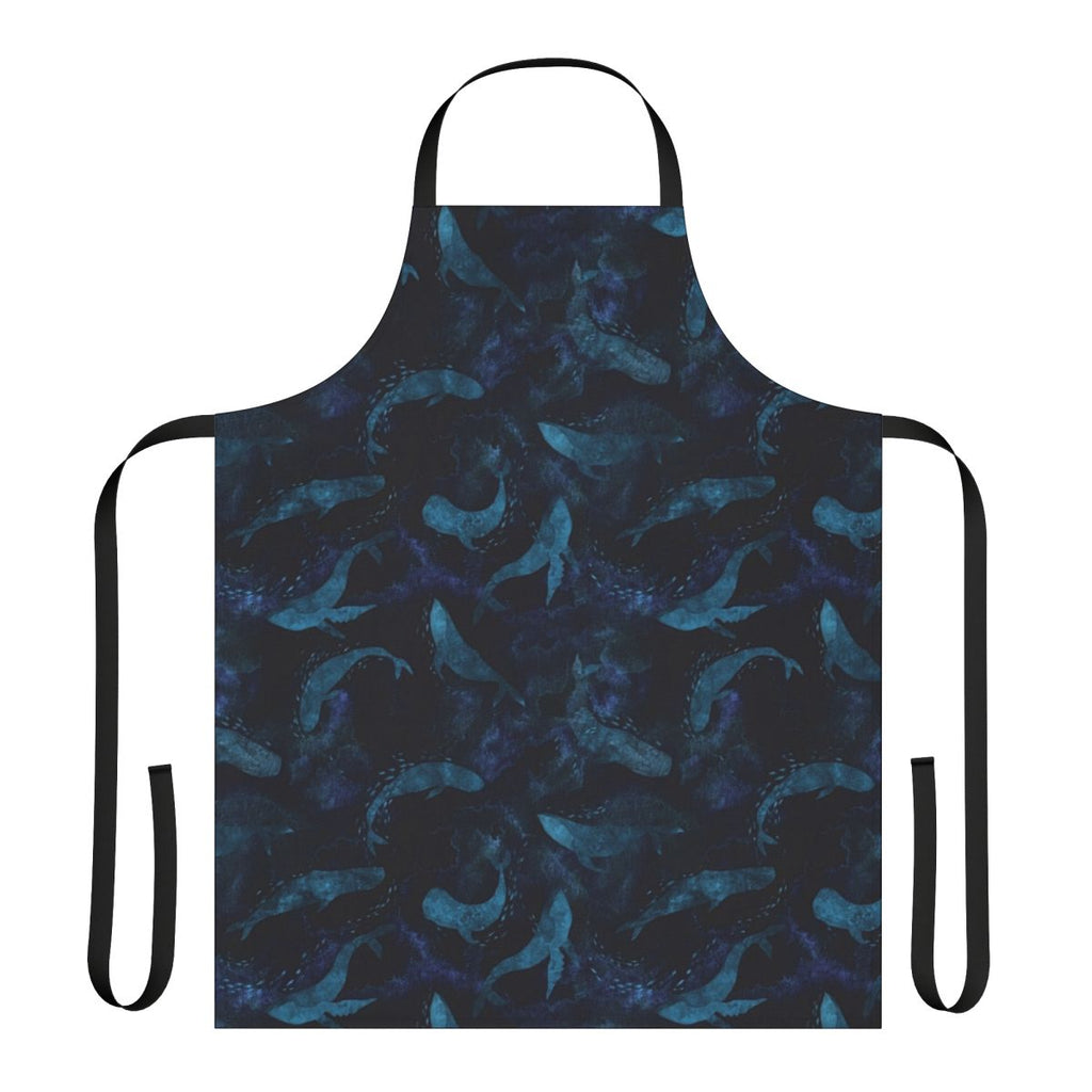 Indigo blue apron with a beautiful design of whales swimming in the deep blue ocean