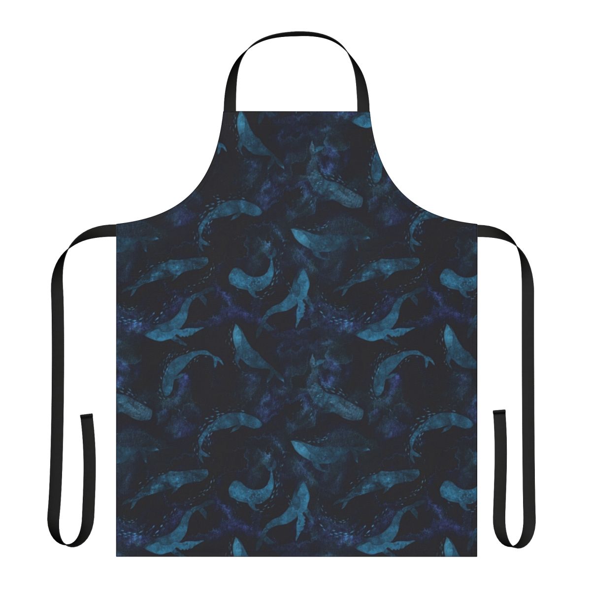 Indigo blue apron with a beautiful design of whales swimming in the deep blue ocean