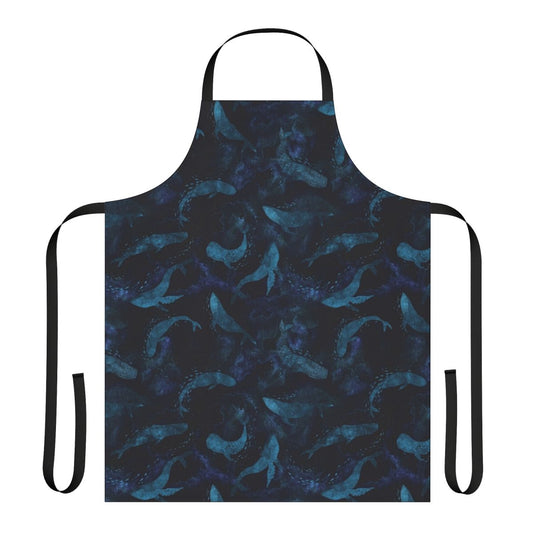 Indigo blue apron with a beautiful design of whales swimming in the deep blue ocean