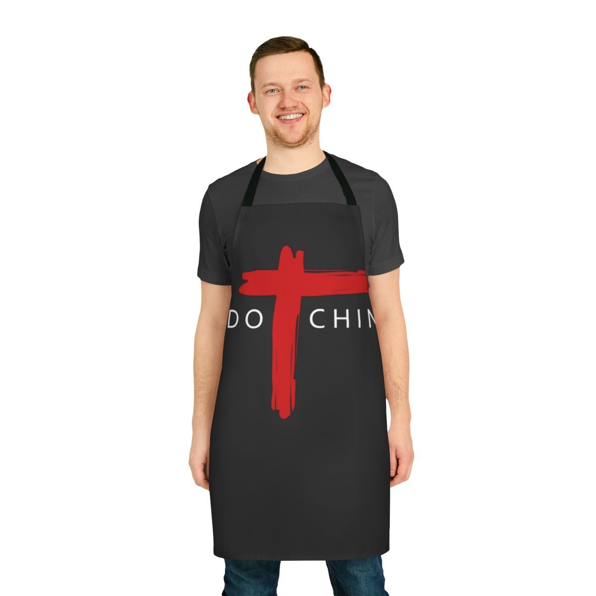 Indochine-inspired music apron with band graphics and vibrant colors