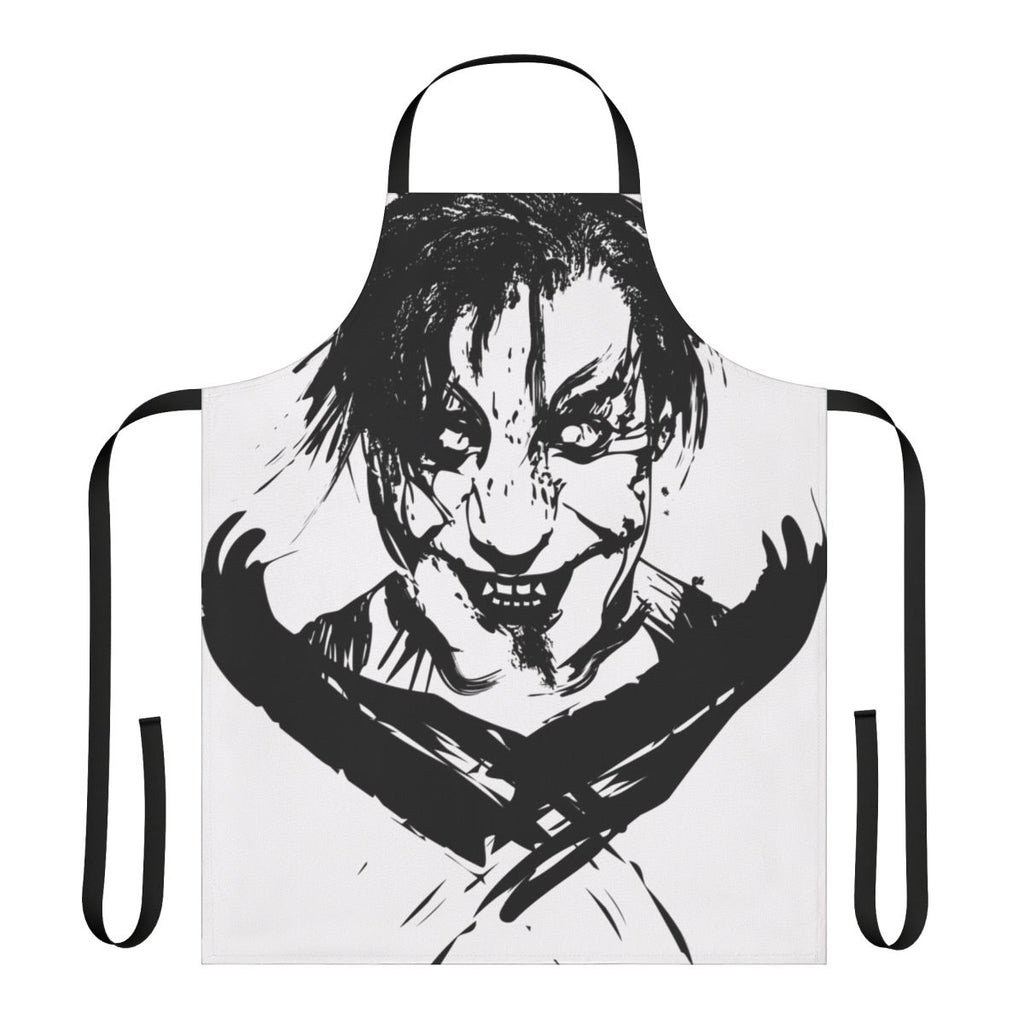 Industrial-style black apron with dark, gothic, and horror-themed design