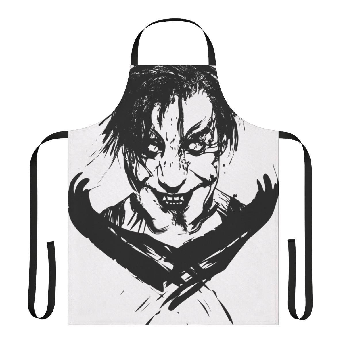 Industrial-style black apron with dark, gothic, and horror-themed design