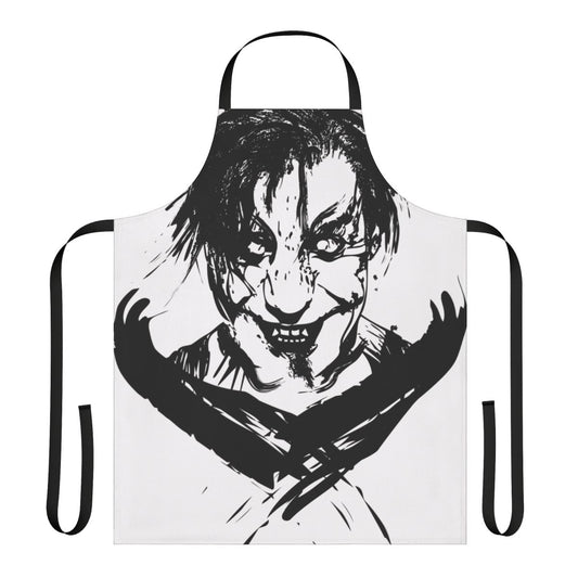 Industrial-style black apron with dark, gothic, and horror-themed design