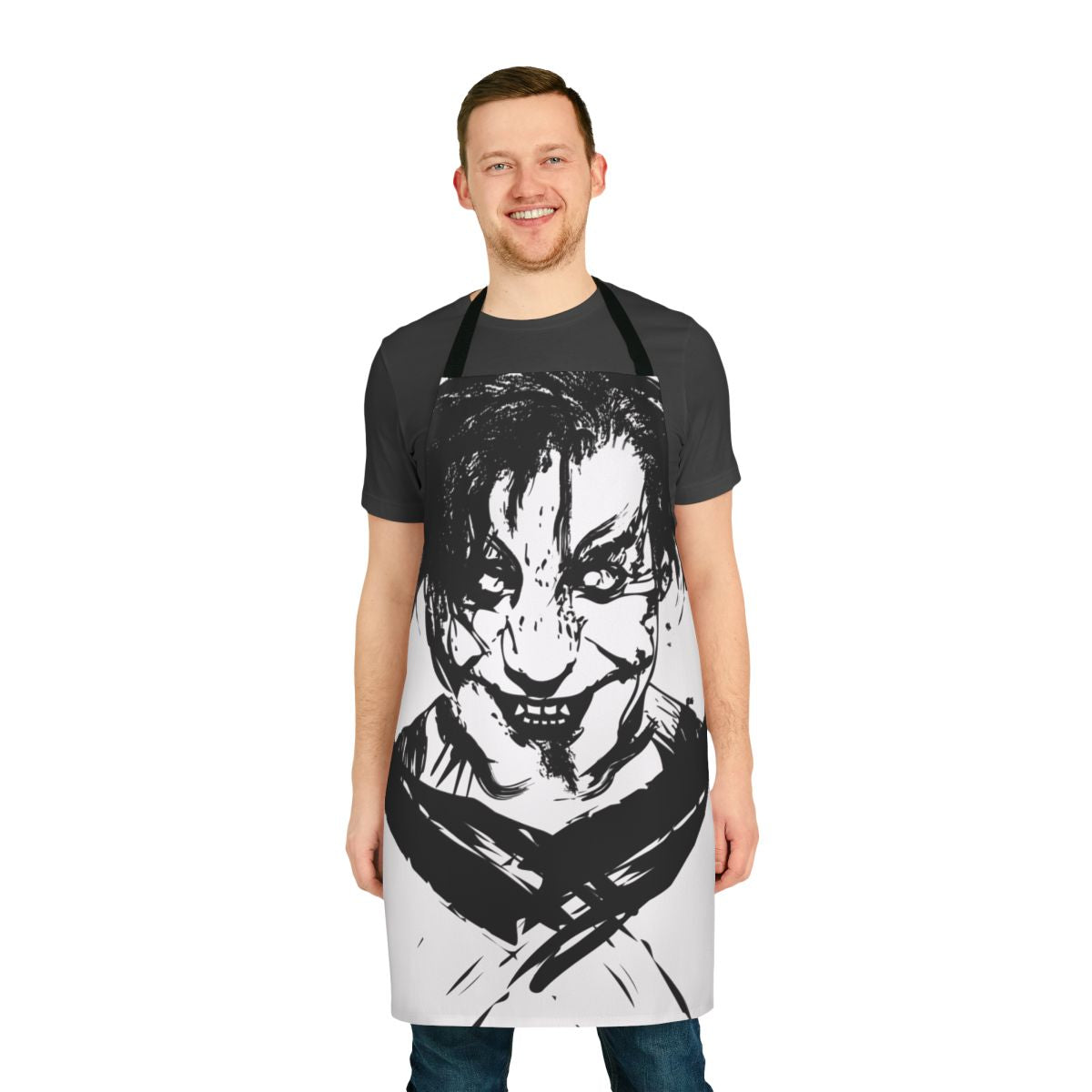 Industrial-style black apron with dark, gothic, and horror-themed design