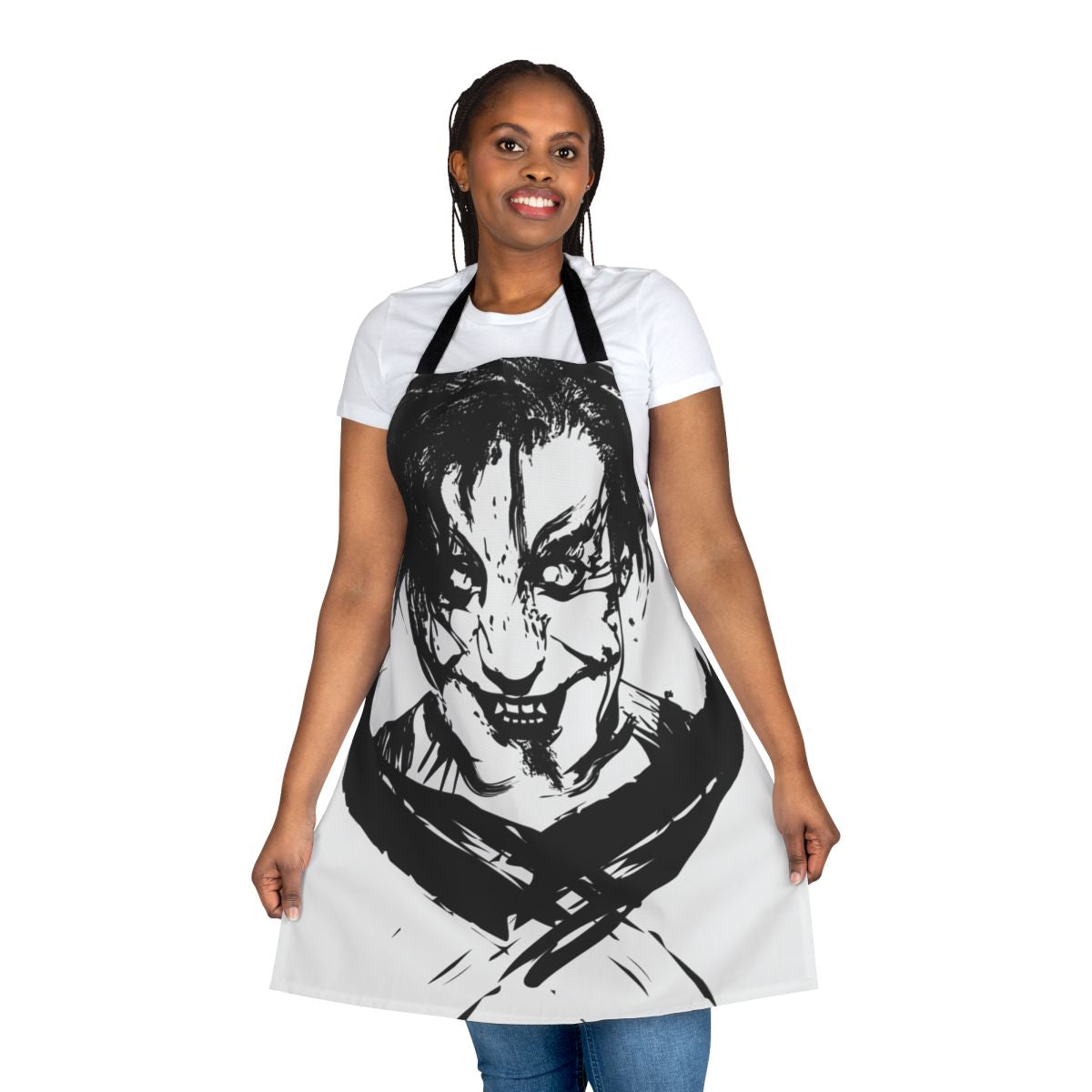 Industrial-style black apron with dark, gothic, and horror-themed design