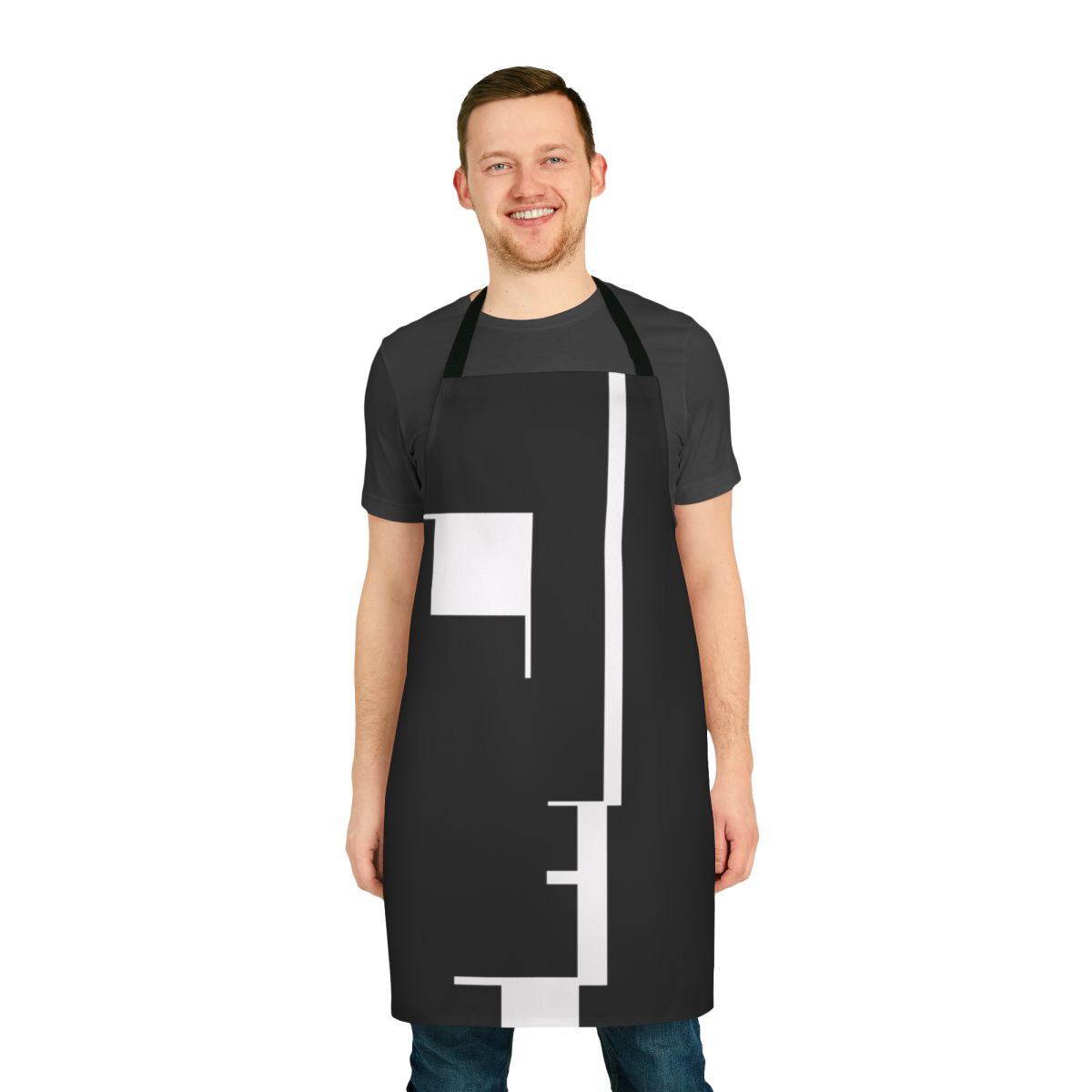 A black apron with a minimalist Bauhaus-inspired design, perfect for goth and industrial music fans.