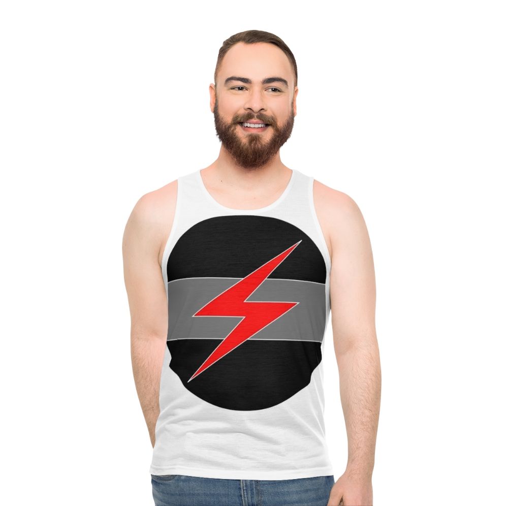 Grey unisex tank top with Throbbing Gristle industrial music band logo