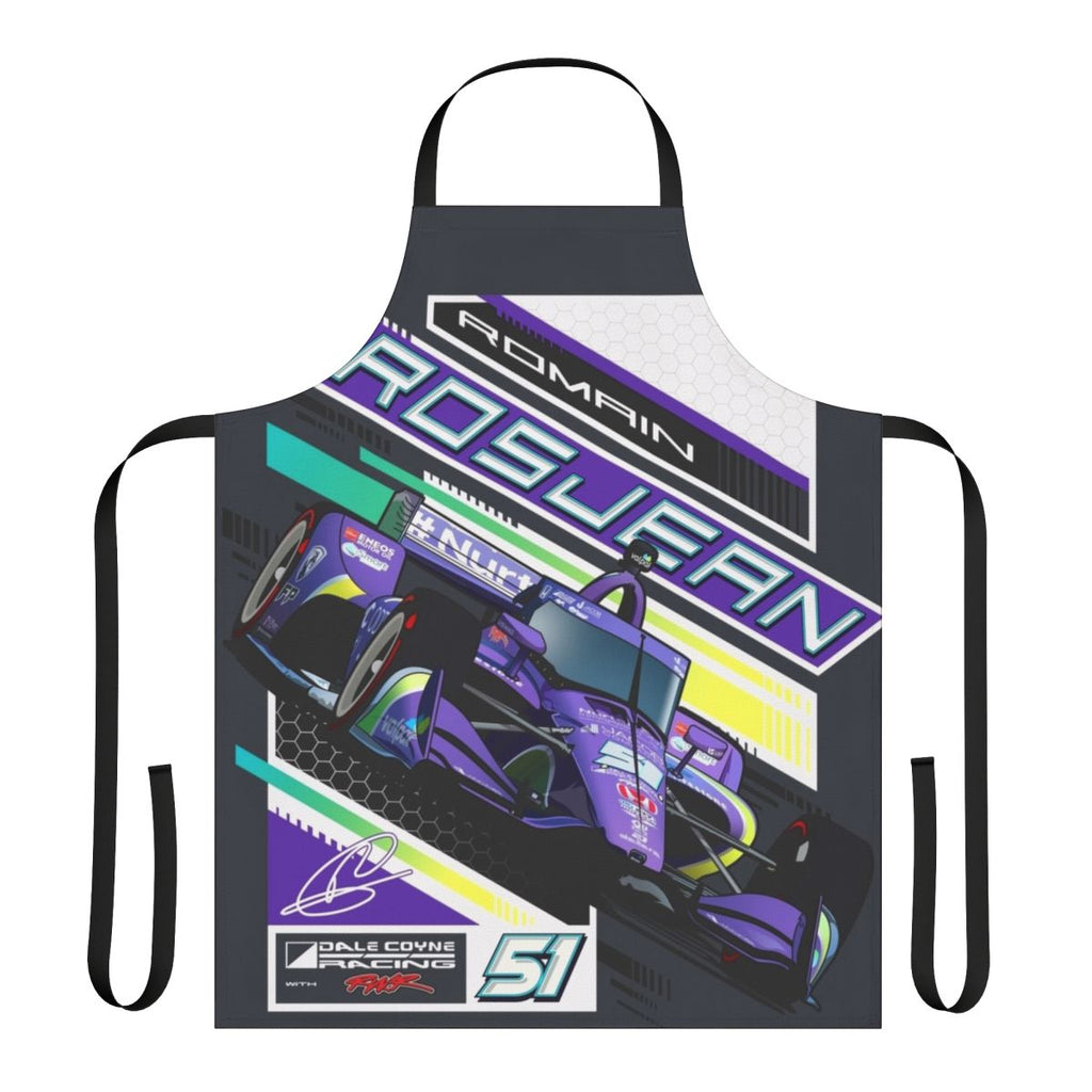 Purple racing-themed apron with the number 51 and Romain Grosjean's name
