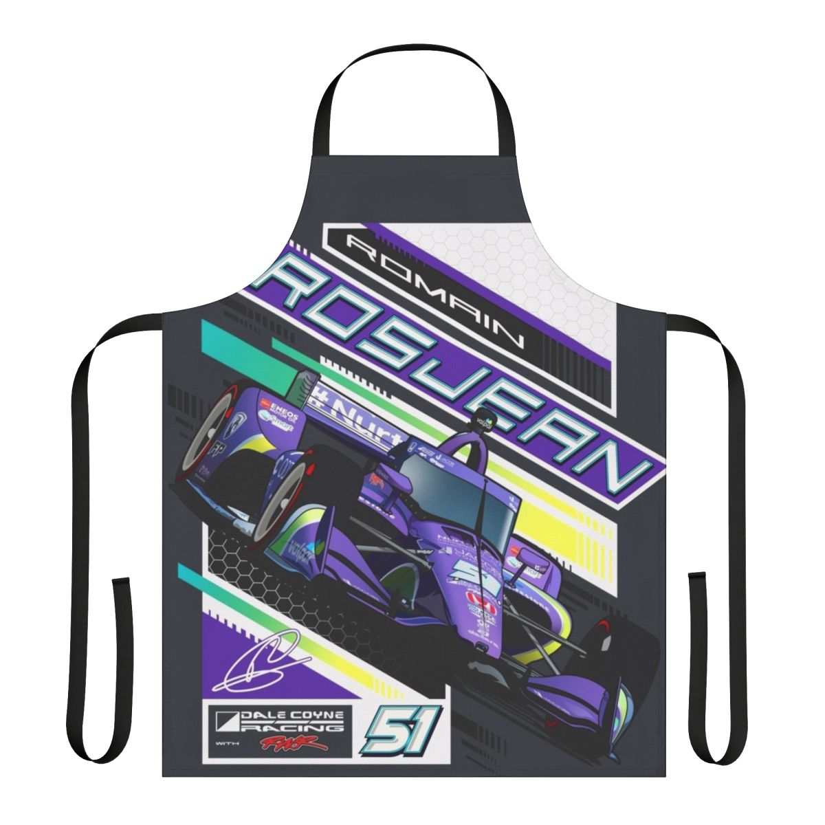 Purple racing-themed apron with the number 51 and Romain Grosjean's name