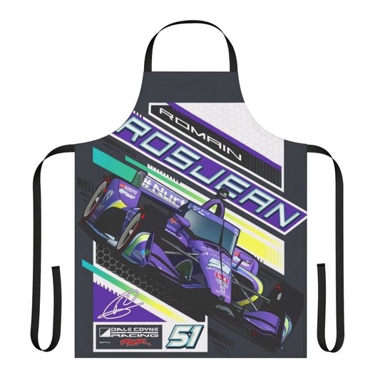 Purple racing-themed apron with the number 51 and Romain Grosjean's name
