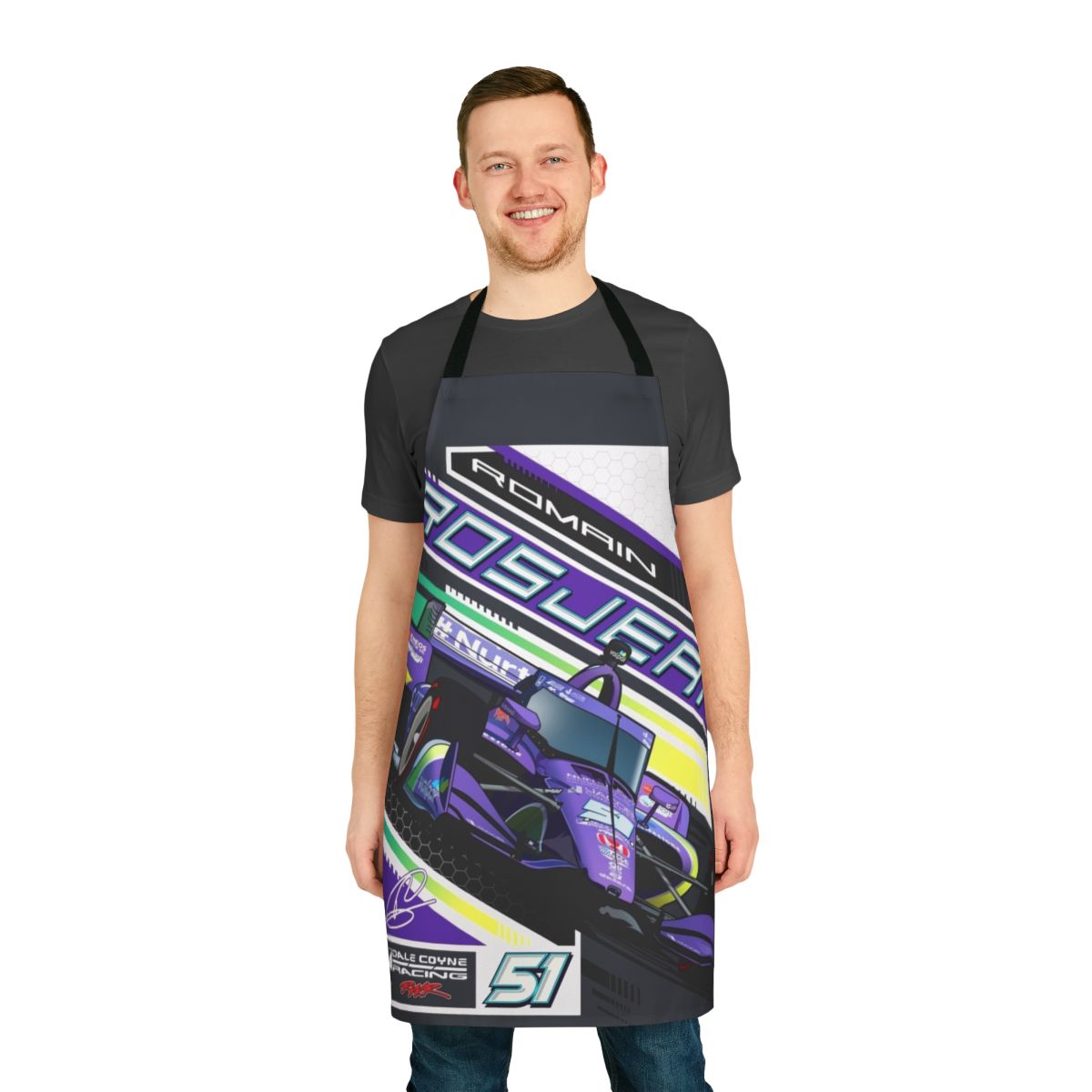 Purple racing-themed apron with the number 51 and Romain Grosjean's name