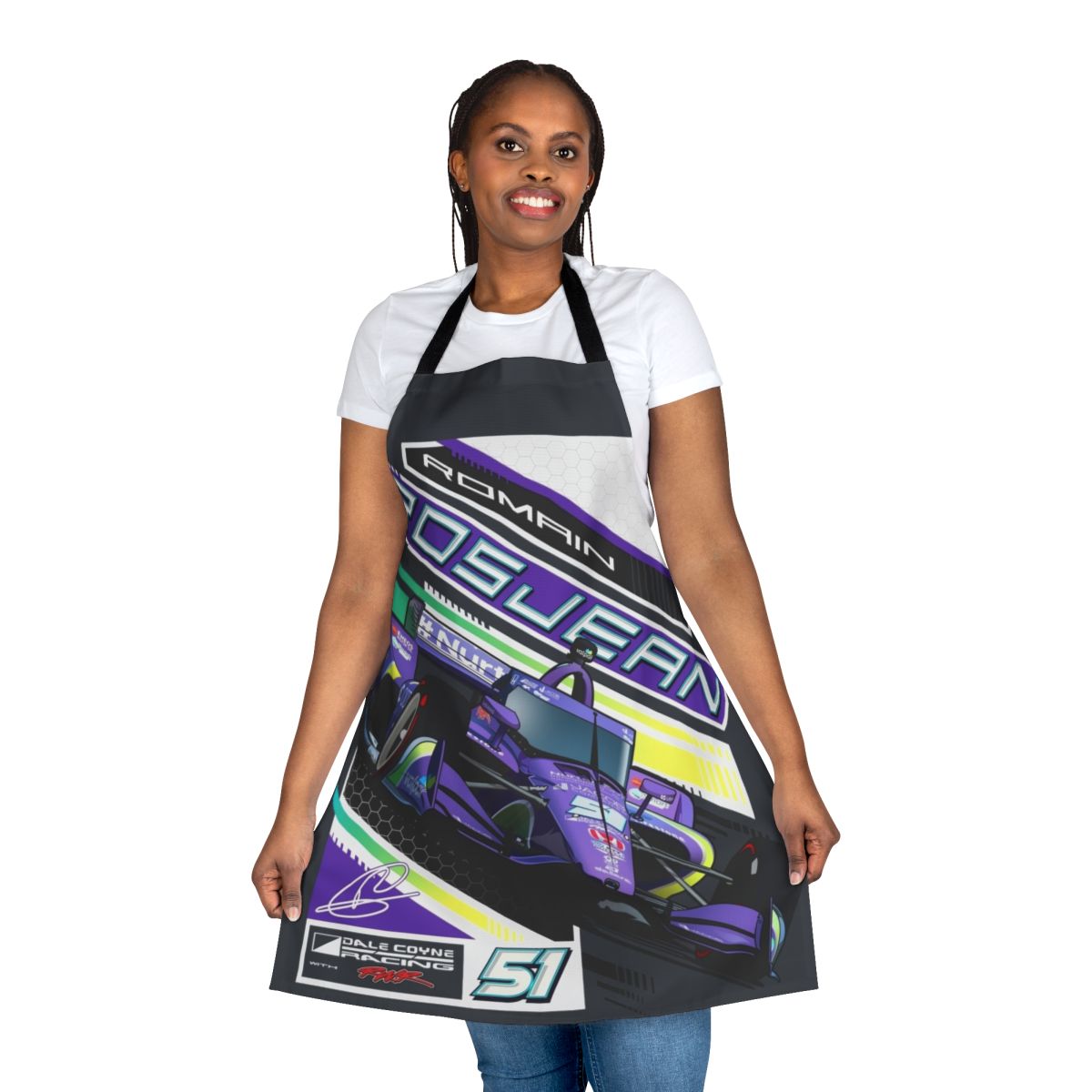 Purple racing-themed apron with the number 51 and Romain Grosjean's name