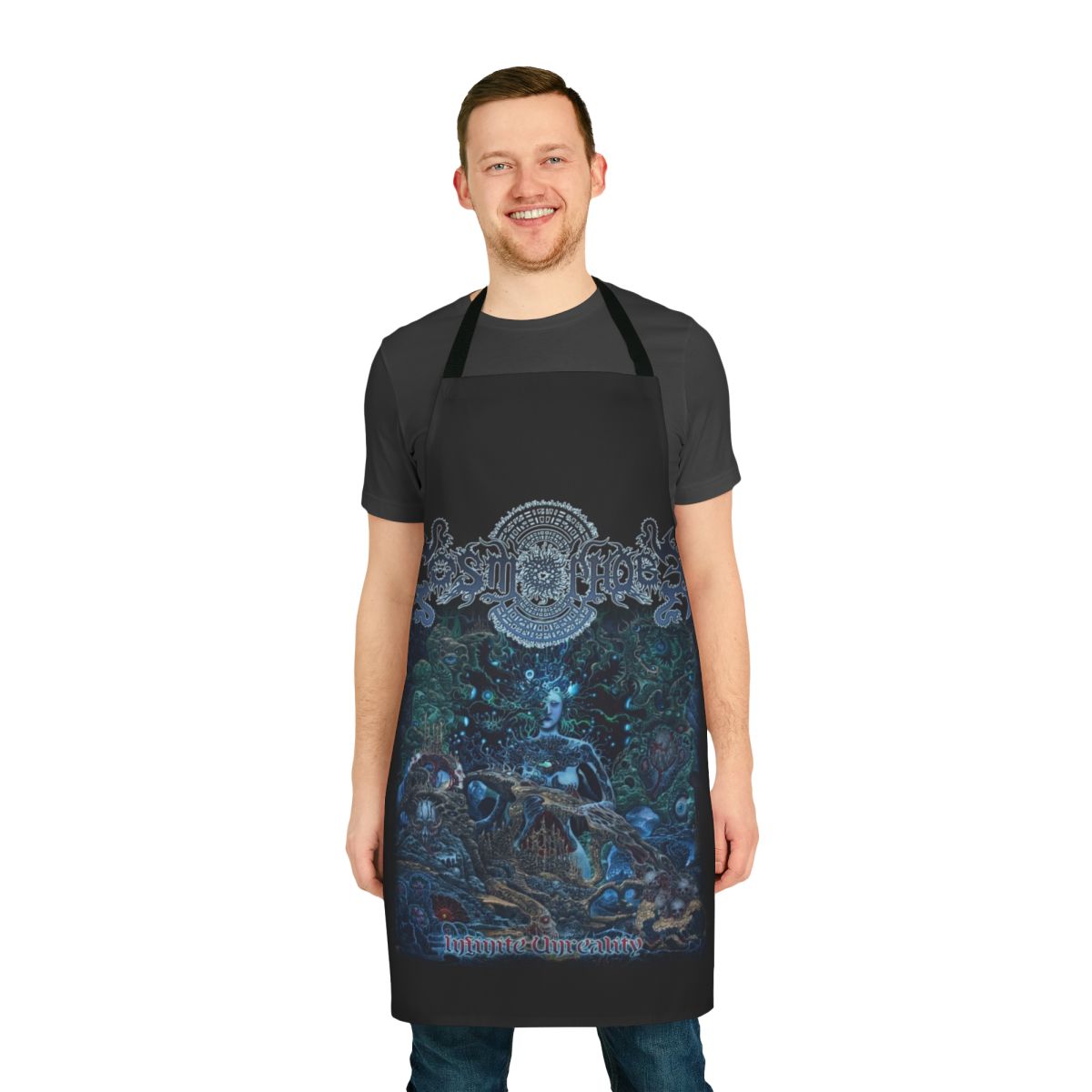 Infinite Unreality technical death metal band logo printed on a high-quality apron