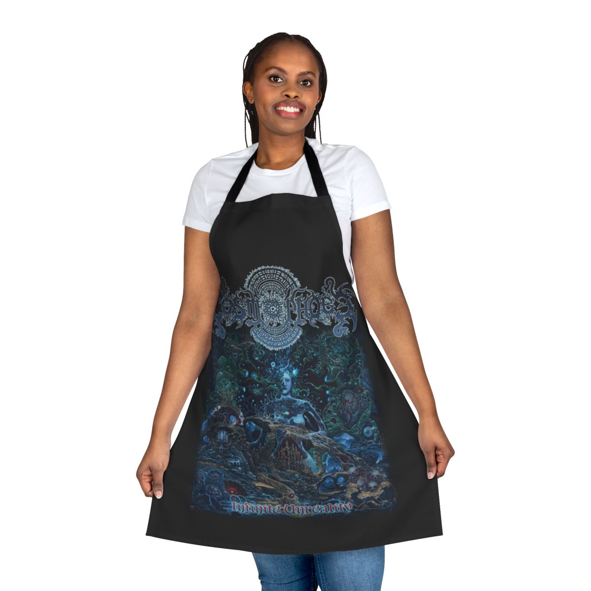 Infinite Unreality technical death metal band logo printed on a high-quality apron