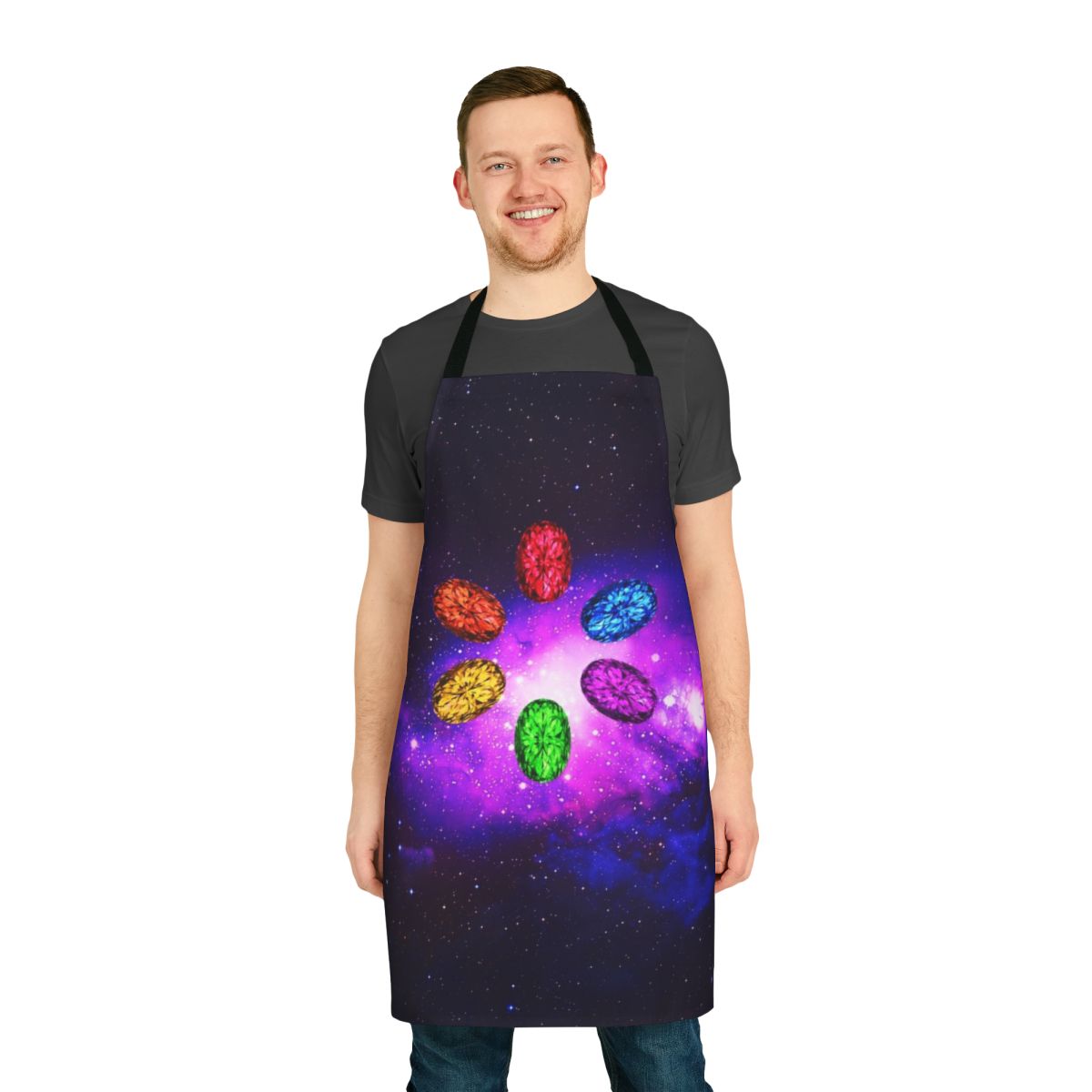 Infinity Stones Galaxy Space Apron featuring rainbow colors and patterns inspired by Marvel's Avengers