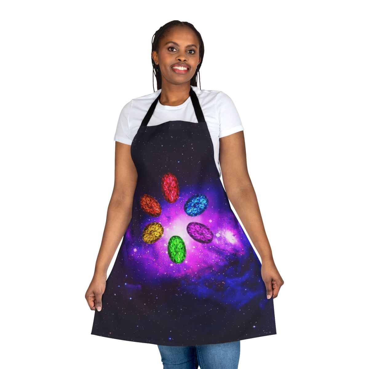 Infinity Stones Galaxy Space Apron featuring rainbow colors and patterns inspired by Marvel's Avengers