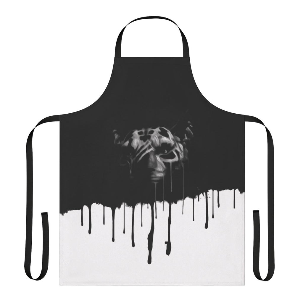 Inigo-themed apron with splattered, runny black and white design, ideal for Skyrim gaming enthusiasts