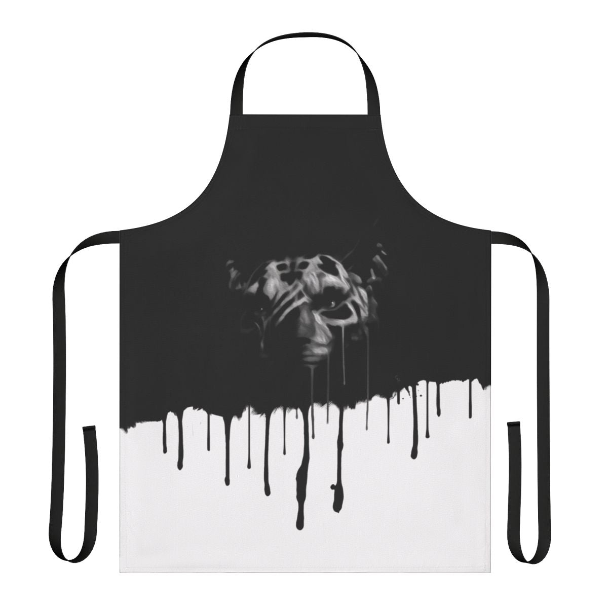 Inigo-themed apron with splattered, runny black and white design, ideal for Skyrim gaming enthusiasts