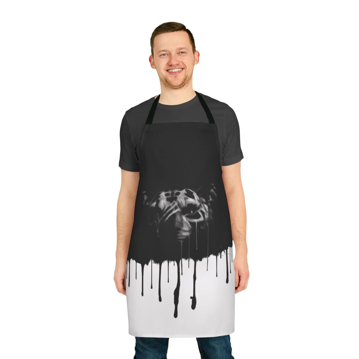 Inigo-themed apron with splattered, runny black and white design, ideal for Skyrim gaming enthusiasts
