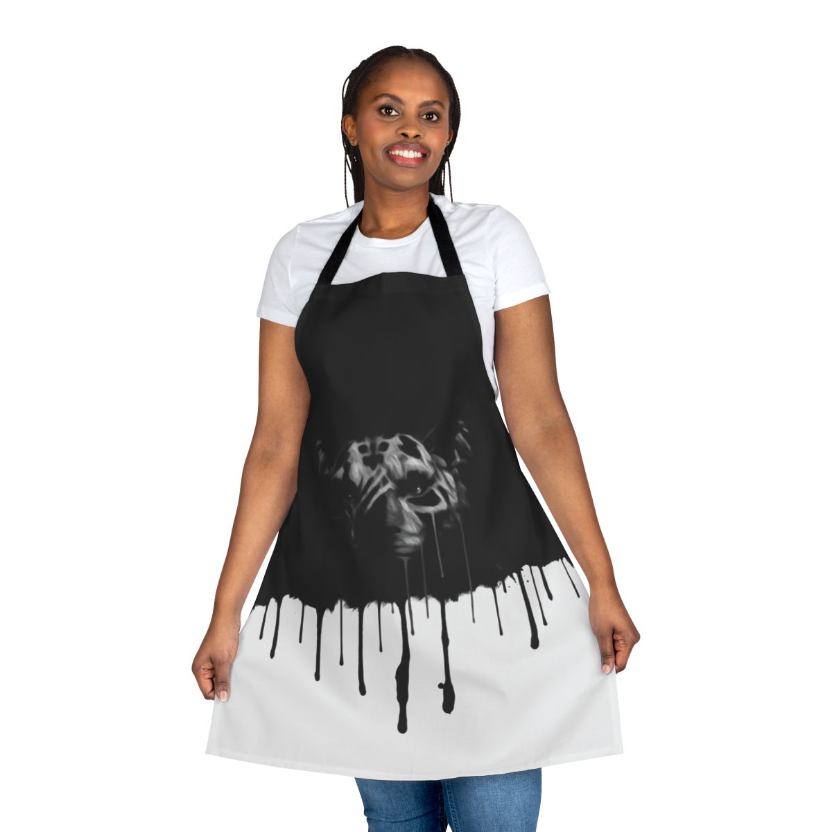 Inigo-themed apron with splattered, runny black and white design, ideal for Skyrim gaming enthusiasts