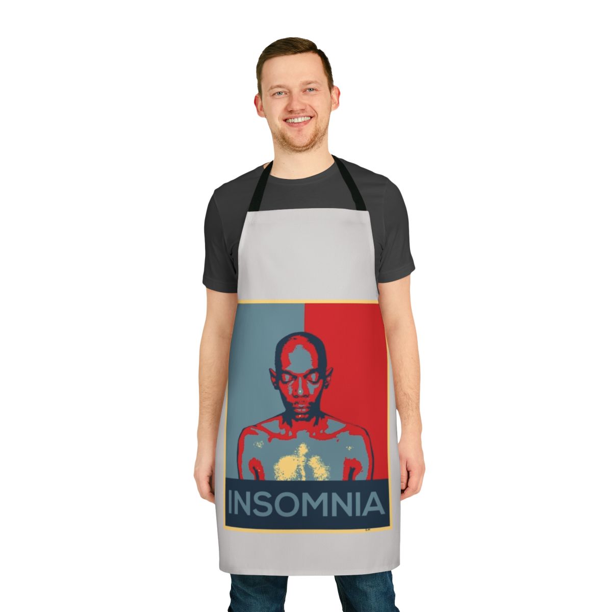 Insomnia-inspired apron featuring the Faithless band logo and design