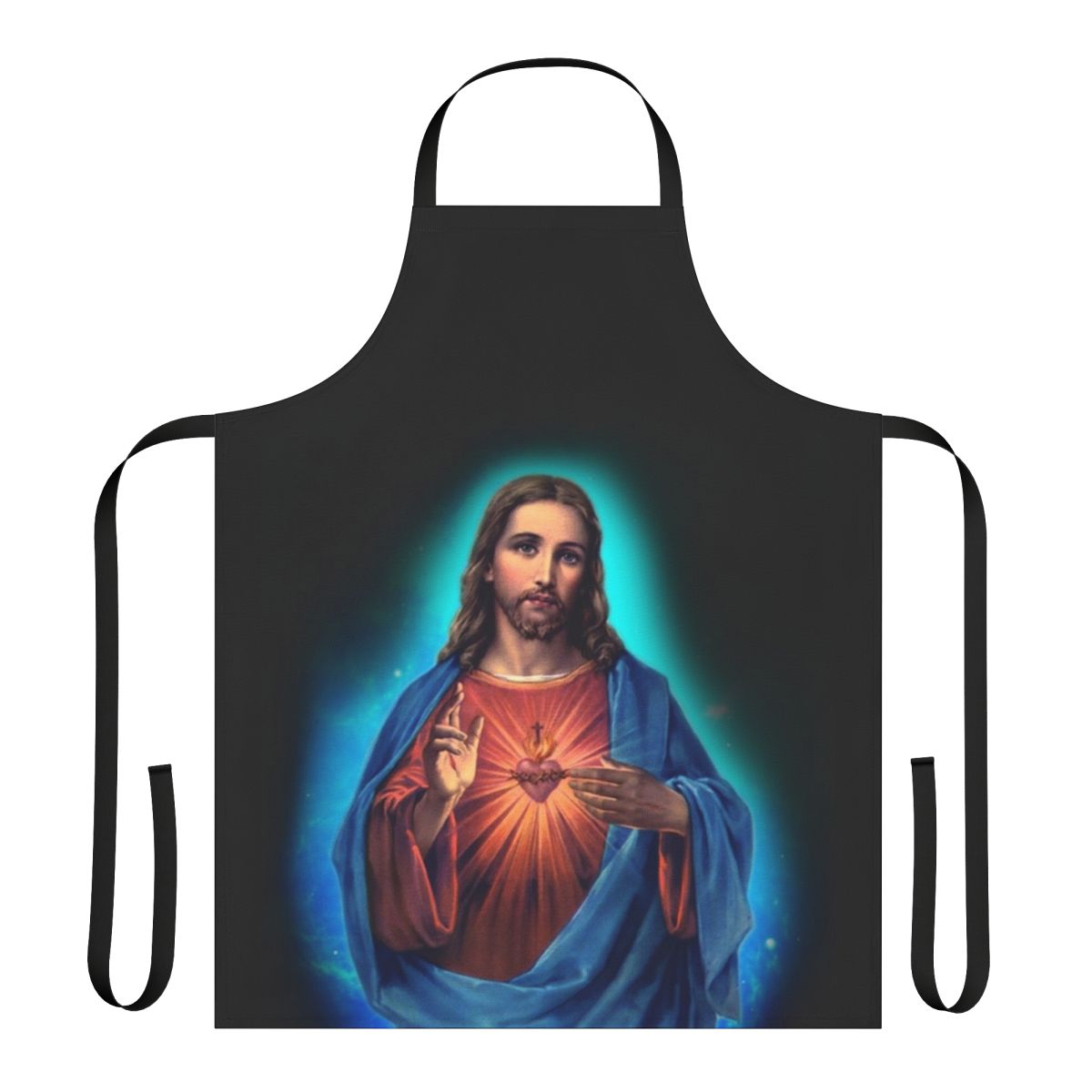 Closeup of a high-quality cotton apron featuring a design with the image of Jesus Christ