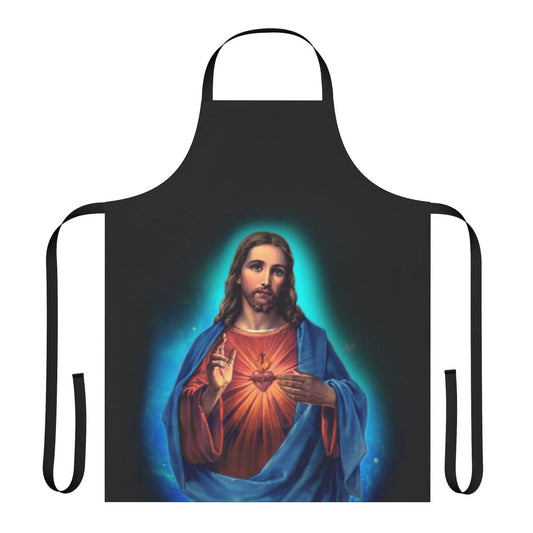 Closeup of a high-quality cotton apron featuring a design with the image of Jesus Christ