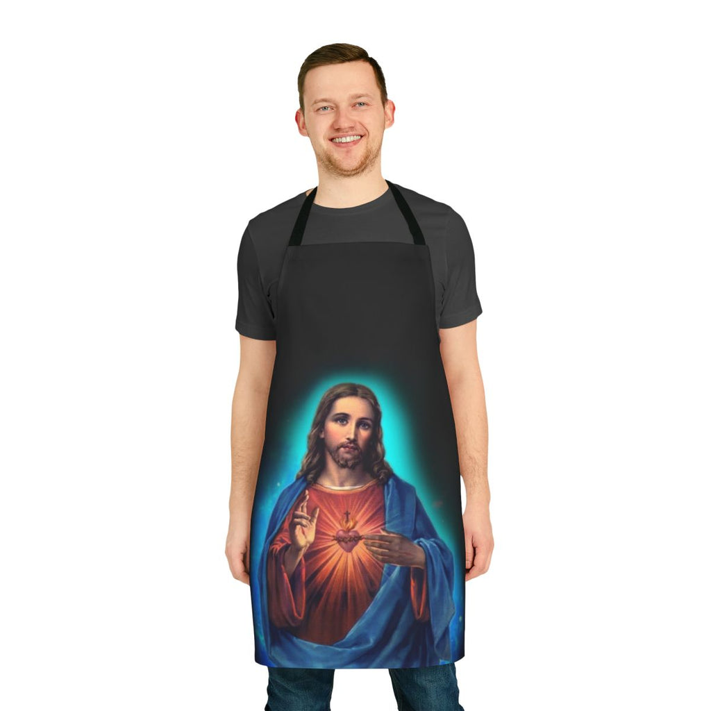 Closeup of a high-quality cotton apron featuring a design with the image of Jesus Christ