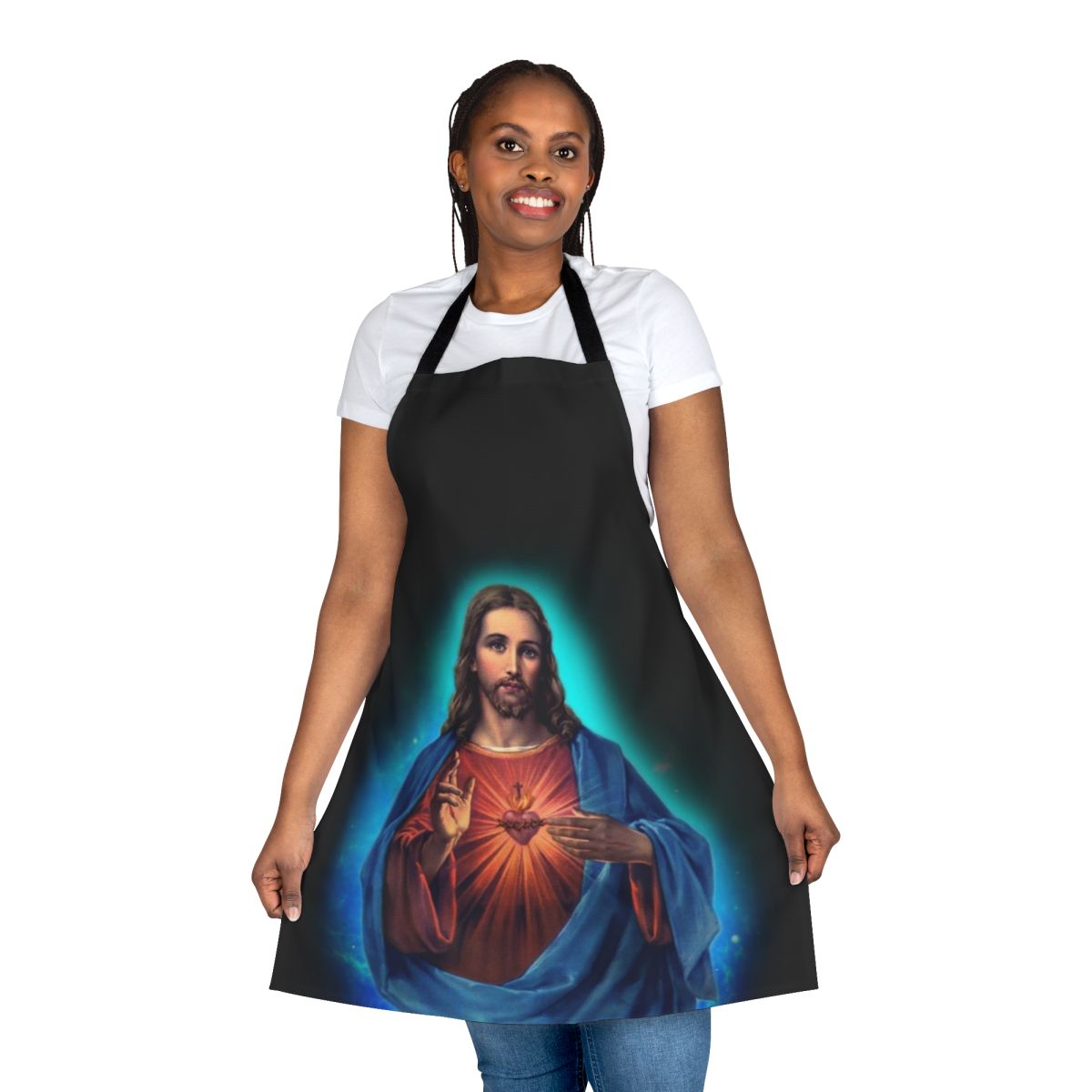 Closeup of a high-quality cotton apron featuring a design with the image of Jesus Christ
