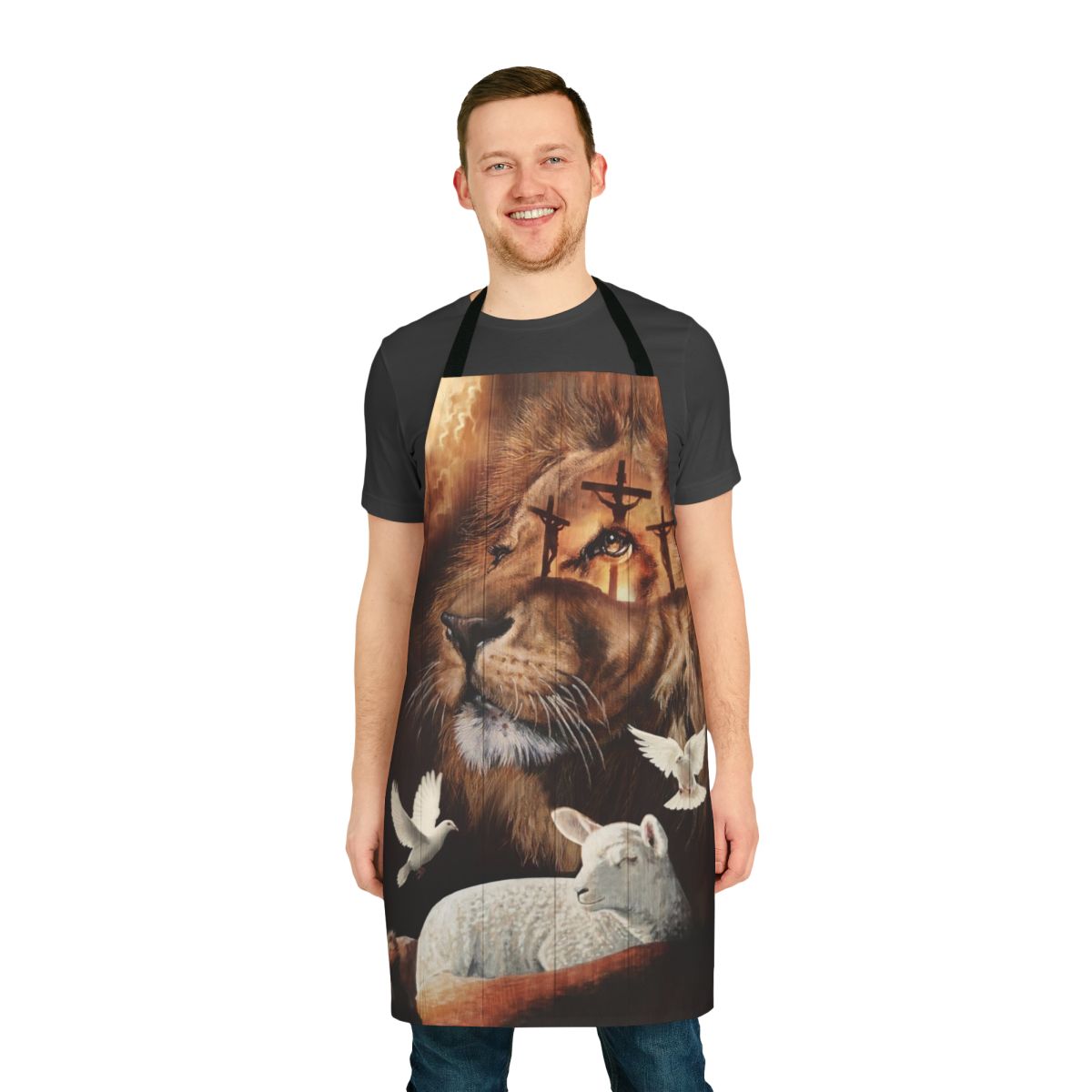 Apron featuring a design with the Lion of Judah and the Lamb of God, a Christian religious symbol