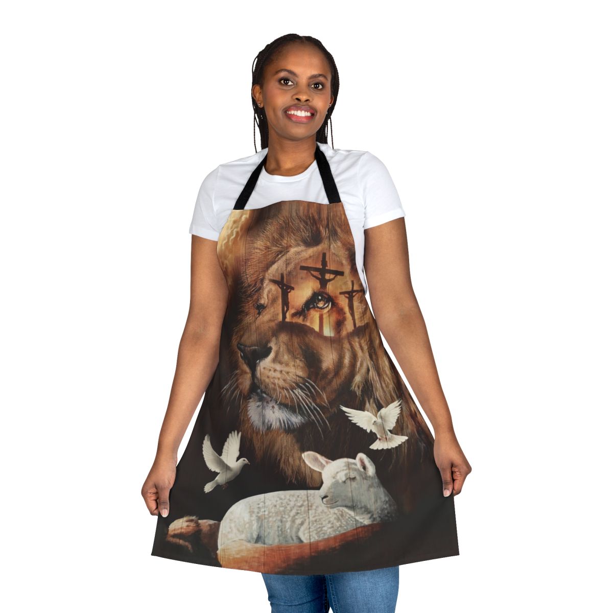 Apron featuring a design with the Lion of Judah and the Lamb of God, a Christian religious symbol