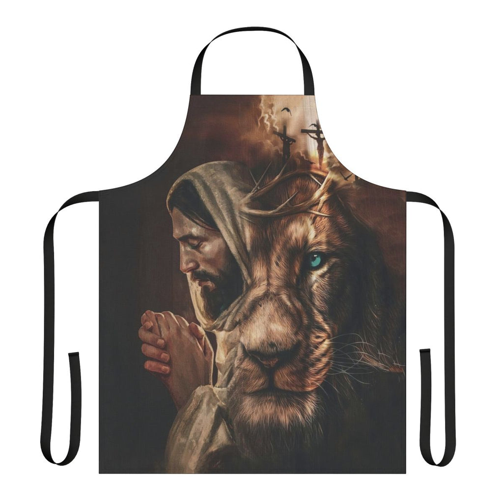 Christian apron featuring a design of Jesus praying and the Lion of Judah