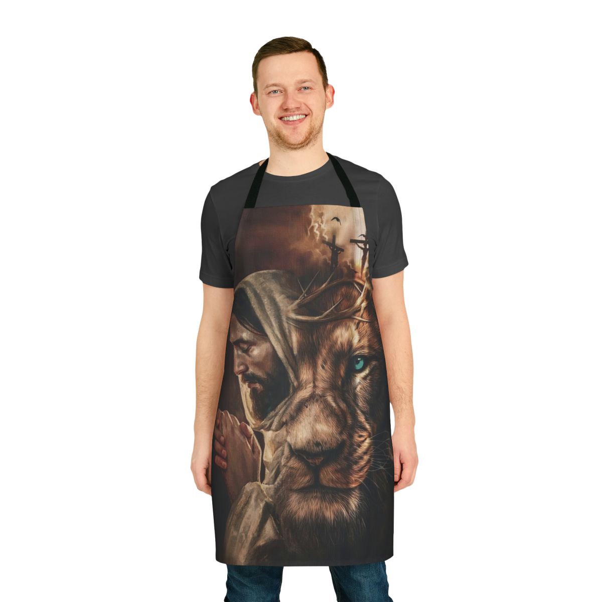 Christian apron featuring a design of Jesus praying and the Lion of Judah