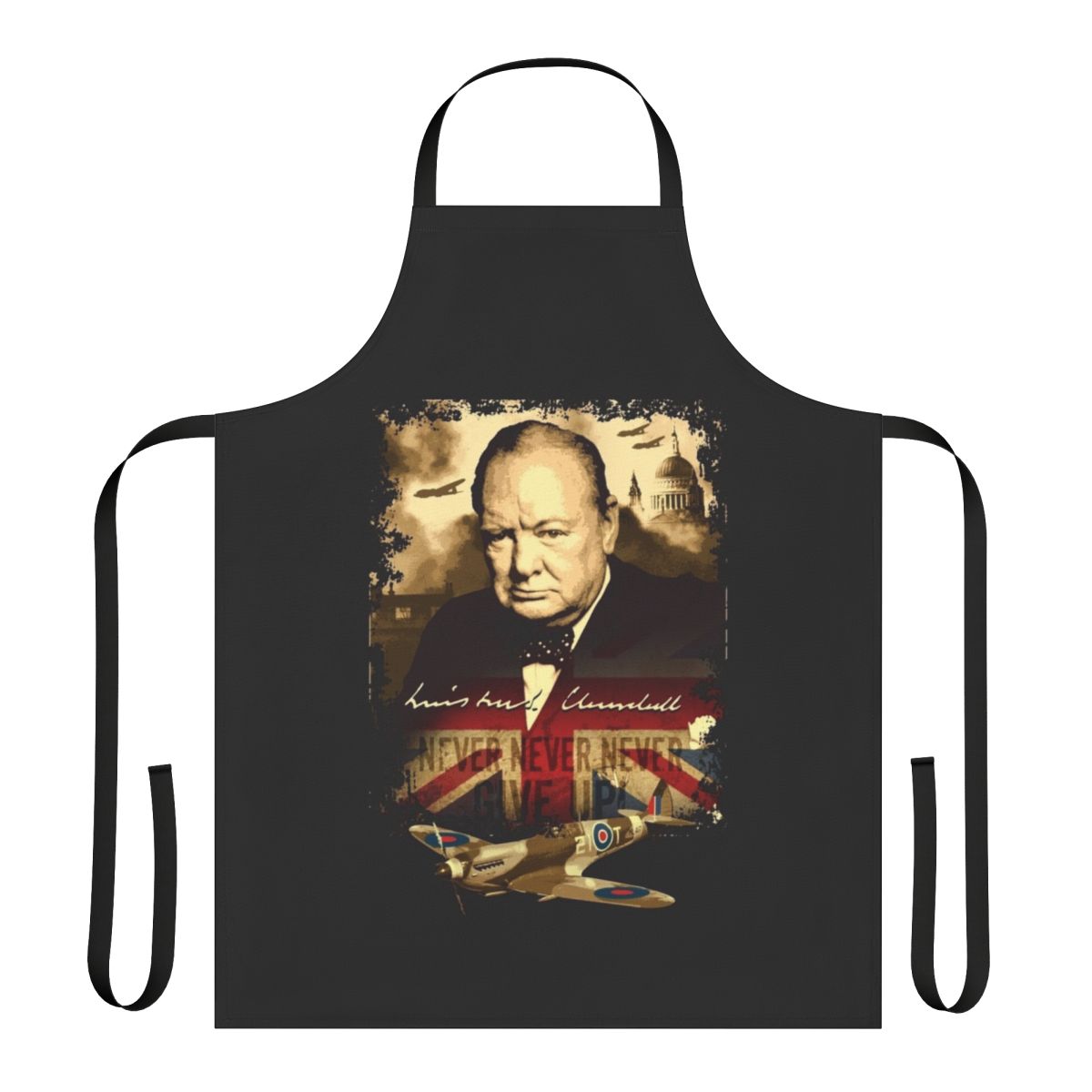 Apron featuring a patriotic design with Winston Churchill's famous "Never Give Up" quote and imagery from World War II