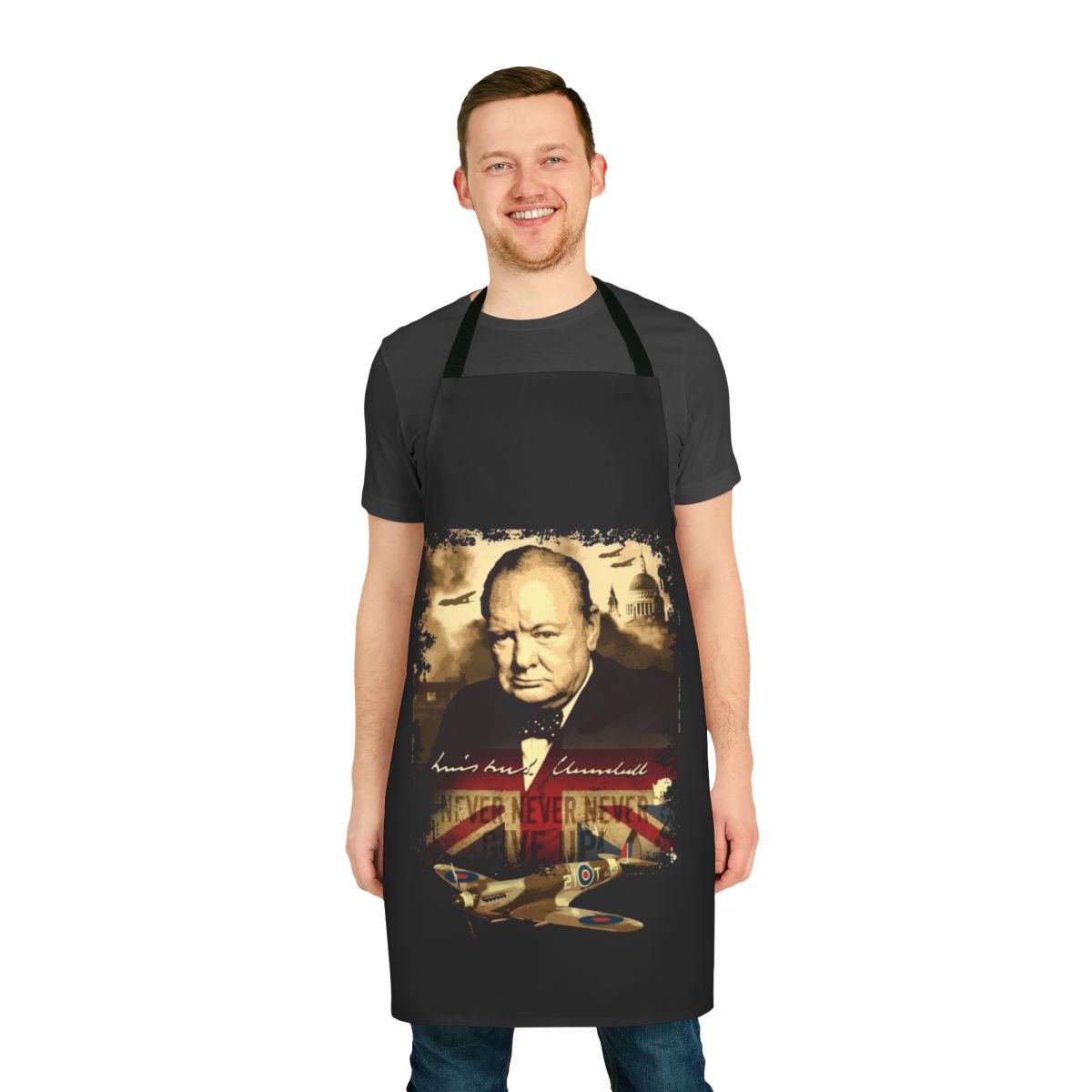 Apron featuring a patriotic design with Winston Churchill's famous "Never Give Up" quote and imagery from World War II
