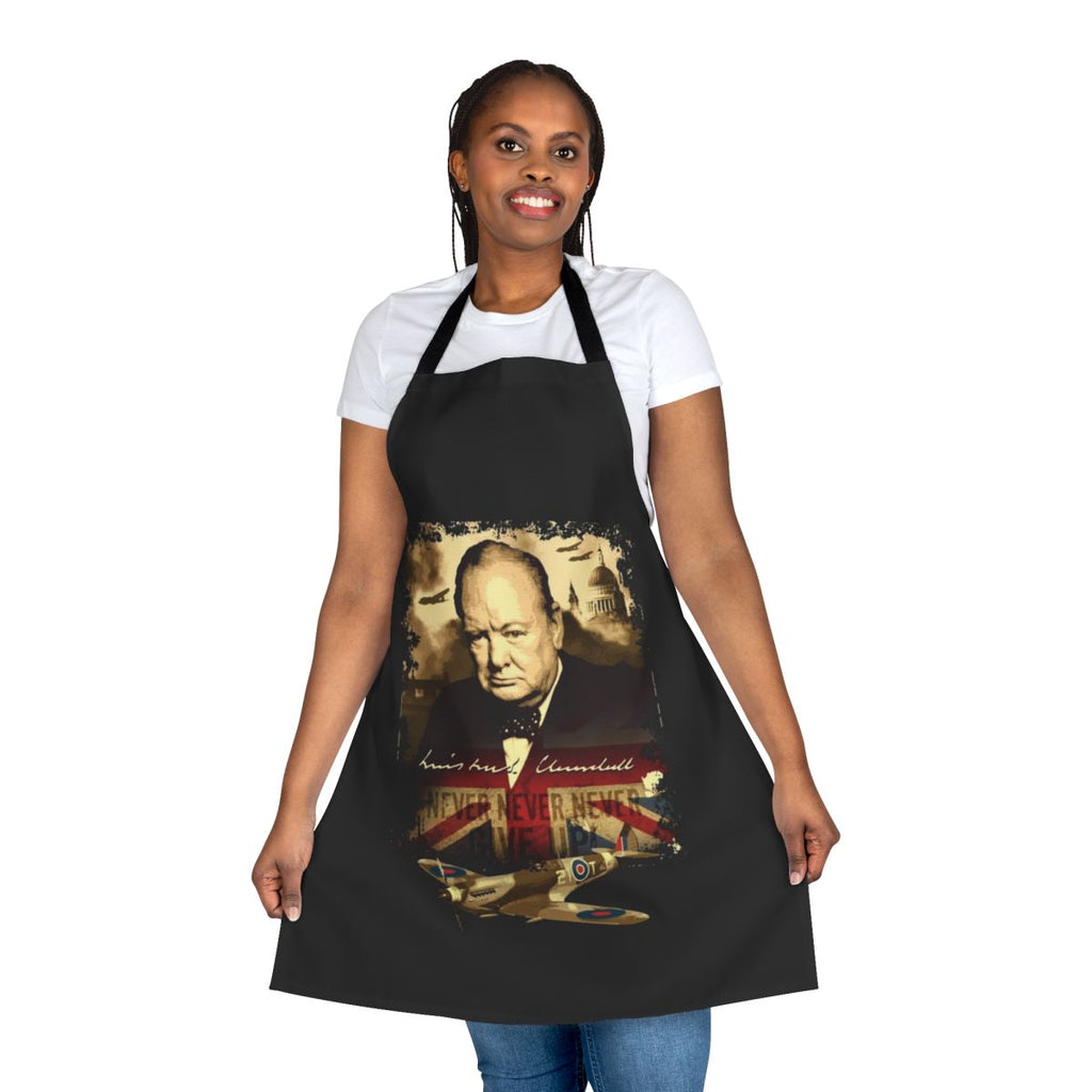 Apron featuring a patriotic design with Winston Churchill's famous "Never Give Up" quote and imagery from World War II