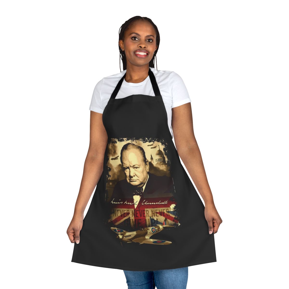Apron featuring a patriotic design with Winston Churchill's famous "Never Give Up" quote and imagery from World War II