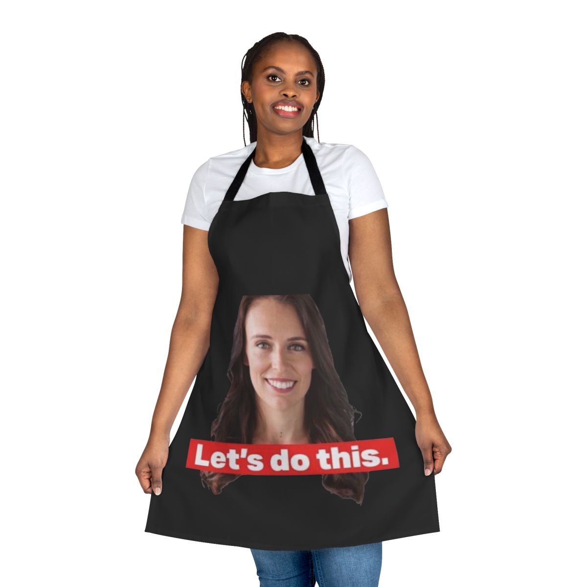 Apron featuring a design inspired by New Zealand Prime Minister Jacinda Ardern