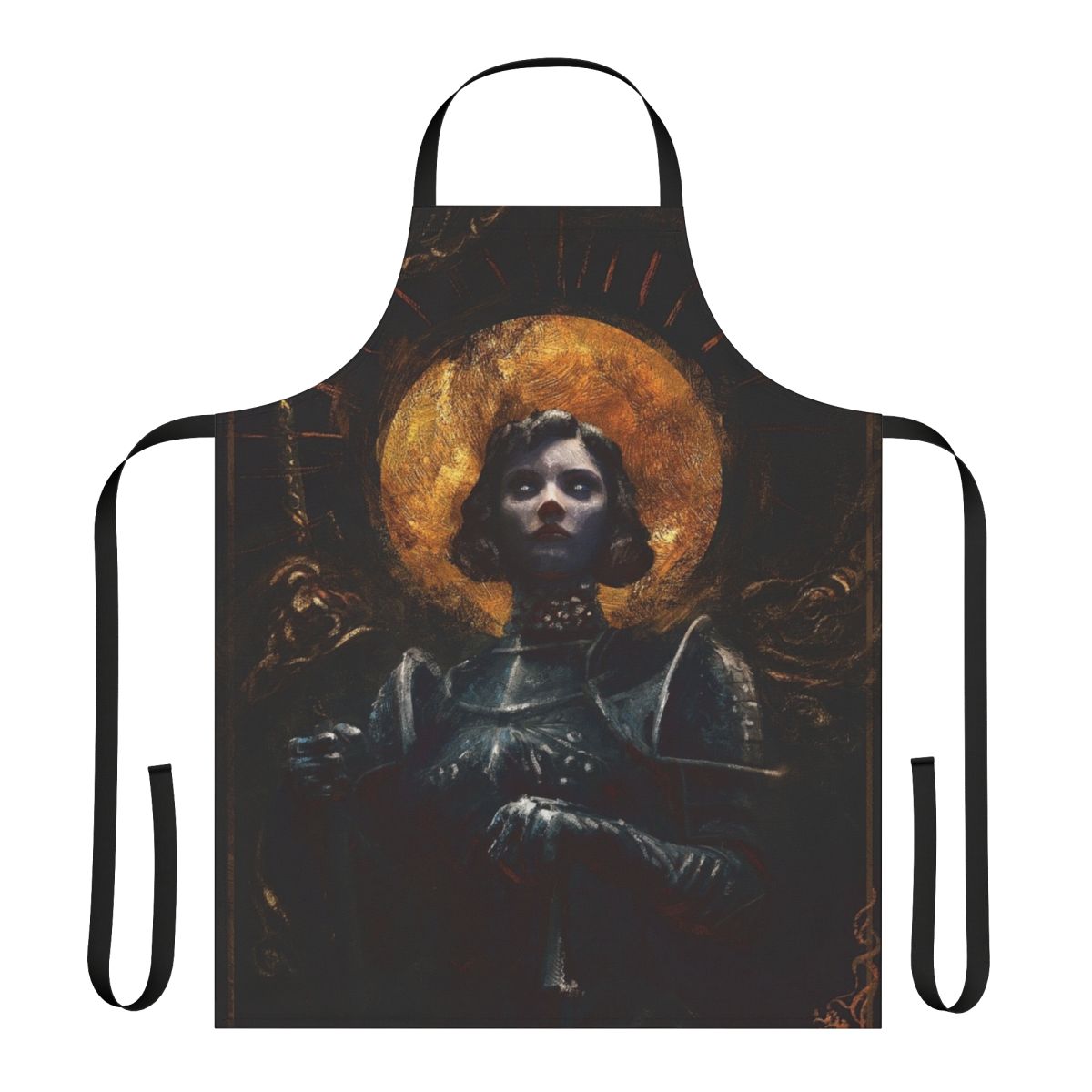 A high-quality apron featuring a bold, historical design of Joan of Arc, the legendary French heroine.