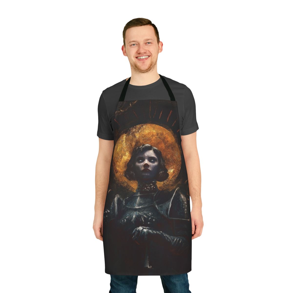 A high-quality apron featuring a bold, historical design of Joan of Arc, the legendary French heroine.