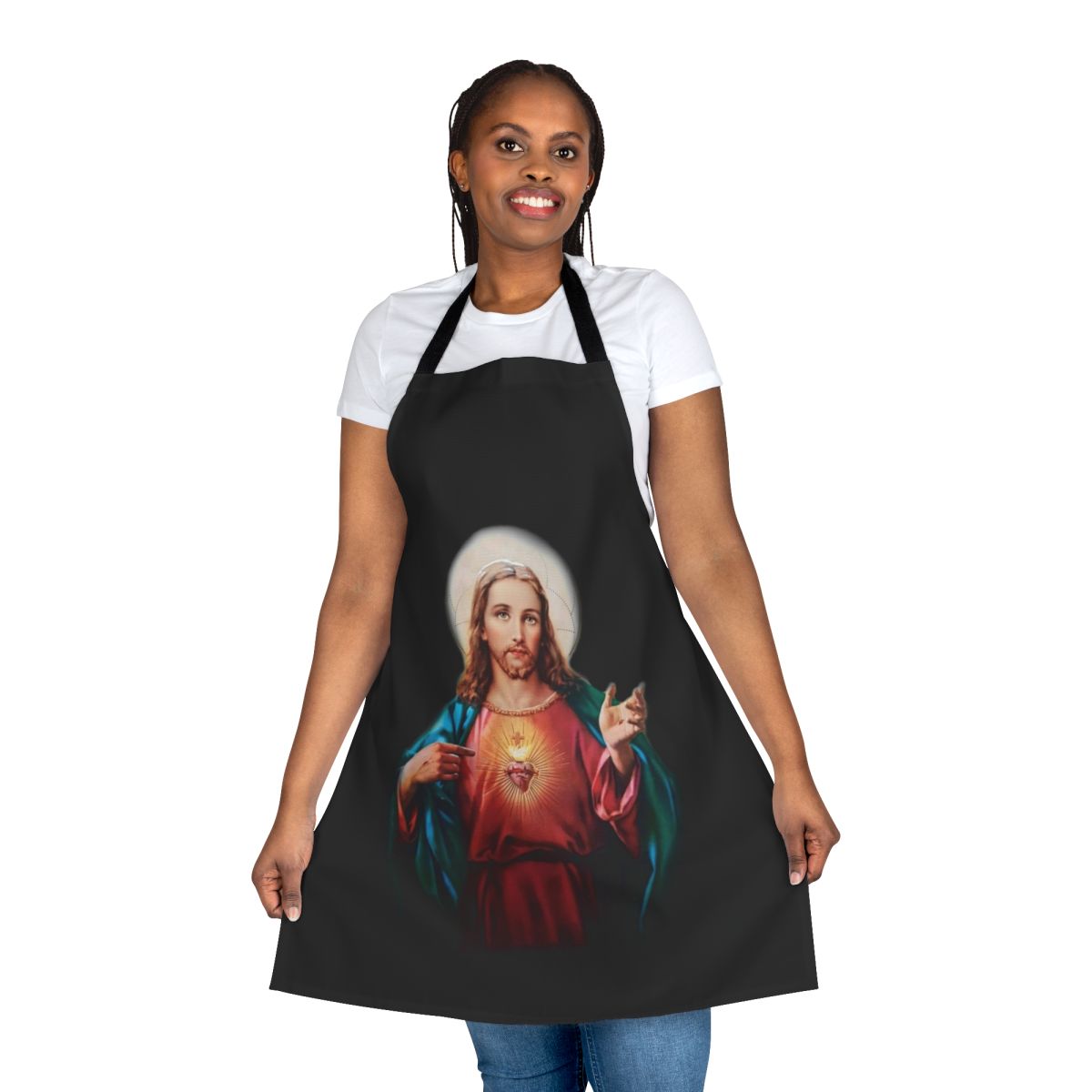 Stylish religious apron featuring a beautiful depiction of Jesus Christ, the Savior